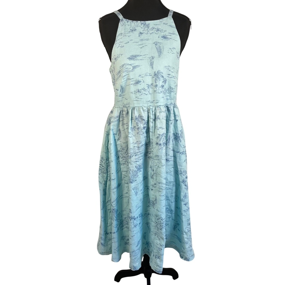 Lands' End Light Blue Tropical Maxi Dress Halter Neck‎ Resort Wear  w/Pockets 🌺